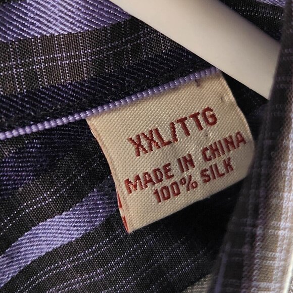 Tommy Bahama XXL 100% Silk Purple Gray Stripe Plaid Long Sleeve Button Up Shirt - Picture 9 of 16